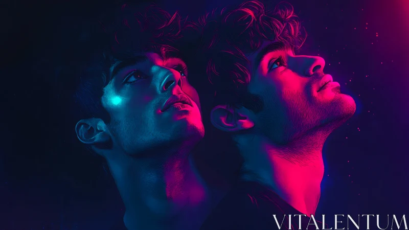 Neon-lit twin gazes drift through violet electric midnight.