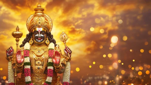 Golden Hindu deity statue before glowing sunset sky.
