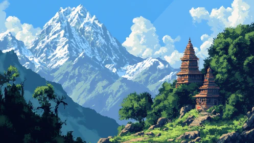 Mountain landscape shows snow peak and hillside temple complex