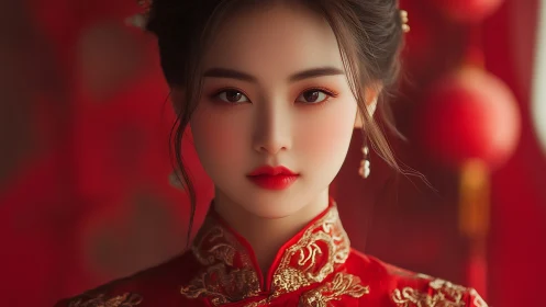 Graceful red elegance in a luminous festive portrait.