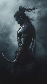 Warrior profile stands in fog with drawn bow and tense posture