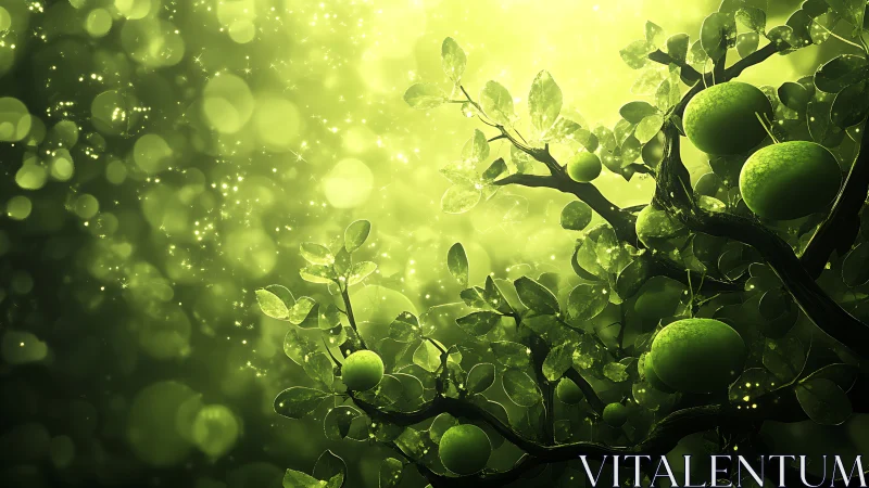 Backlit green fruit tree rendered with high-contrast bokeh field