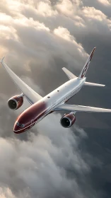 Crimson widebody airliner cruising above sunlit cloud deck.