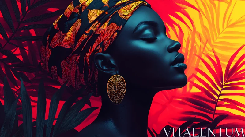 Profile portrait of woman in headwrap against tropical leaves.