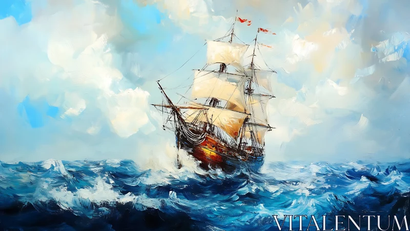 Impasto-rendered tall ship cutting dynamically through ocean swells.