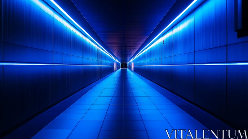 Glowing blue tunnel draws the eye toward a distant doorway
