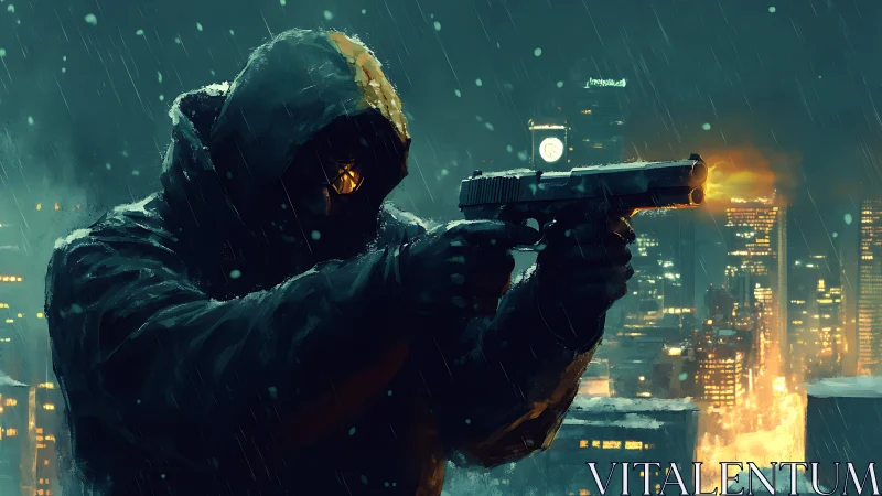 Hooded gunman aiming pistol in rainy neon city night.