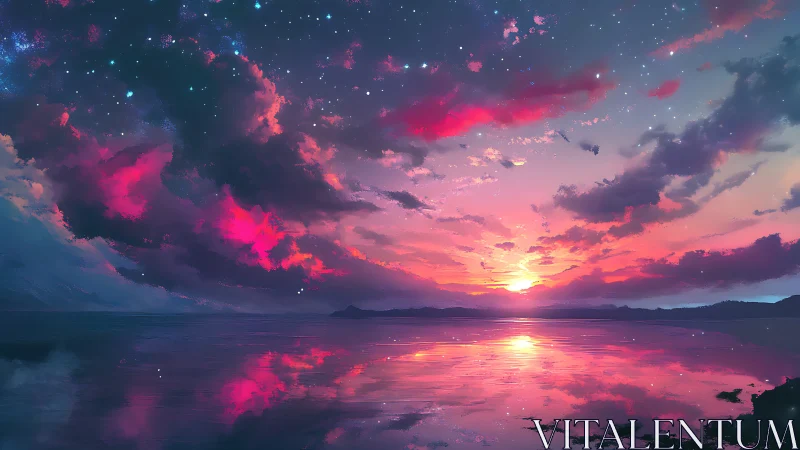 Vivid nebula sunset melts into a glassy, dreamlike sea
