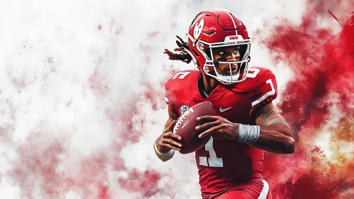 College football quarterback in red uniform ready to throw