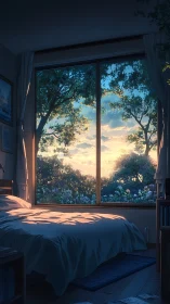Sunlit bedroom with garden view at tranquil sunrise.