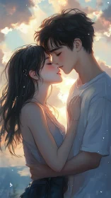 Two souls converge against heavens golden glow, locked in tender recognition