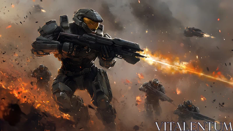 Armored sci fi infantry charging through incendiary battlefield.