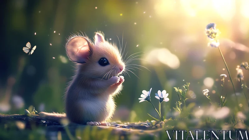 Backlit field mouse rendered with shallow depth and soft bokeh