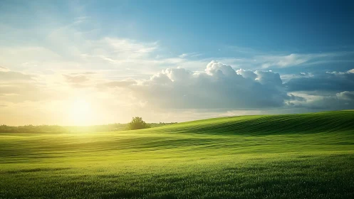 Sunlit rolling meadow under expansive stratocumulus sky.