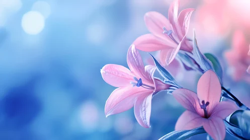 Pink Lilies Dancing in Soft Blue Light.