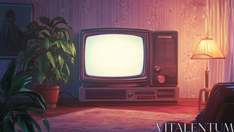 Softly glowing retro TV in a cozy, plant-filled living room.