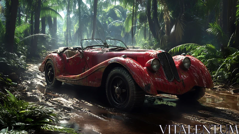 Weathered red roadster cuts muddy trail through jungle