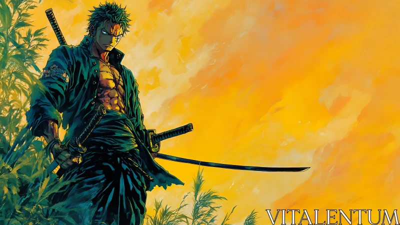 Sword-bearing figure stands before saturated orange sky