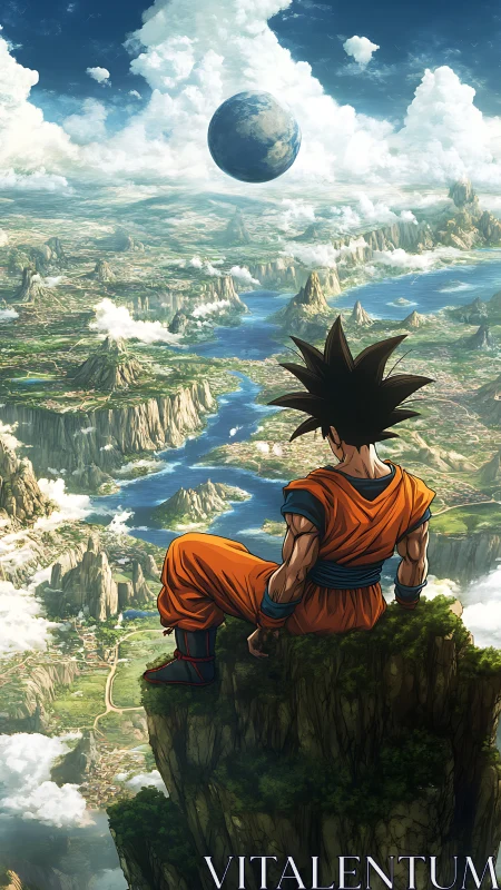 Solitary anime warrior surveys vast floating river landscape