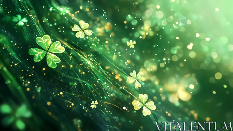 Glowing shamrock leaves drift through bokeh-rich luminous field