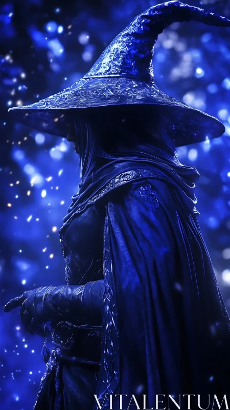 Hooded wizard in blue cloak stands in glowing particle field