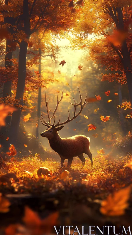 Gentle stag beneath falling autumn light and drifting leaves.