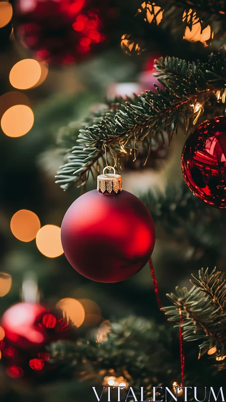 Red spherical ornament on evergreen tree branch at night.