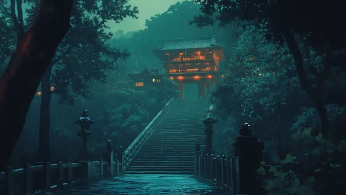 Rain-washed temple ascent aglow with lantern-lit mystery.