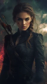 Fierce young archer stands strong in a storm of embers