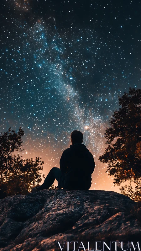 Silhouette observer on rocky outcrop under dense Milky Way band