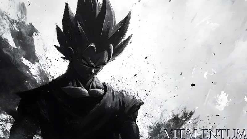 Monochrome warrior silhouette radiates intense dark energy.