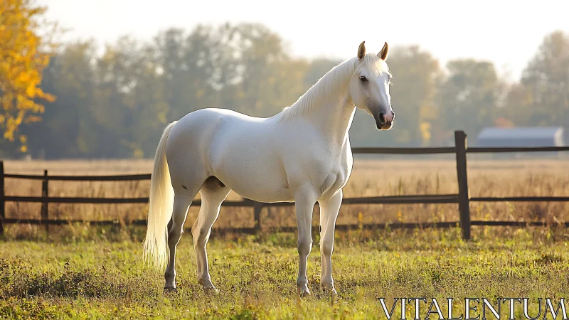 Photorealistic white horse portrait in autumn pasture light.