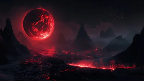 Lava floodplain under eruptive red supermoon in alien night.