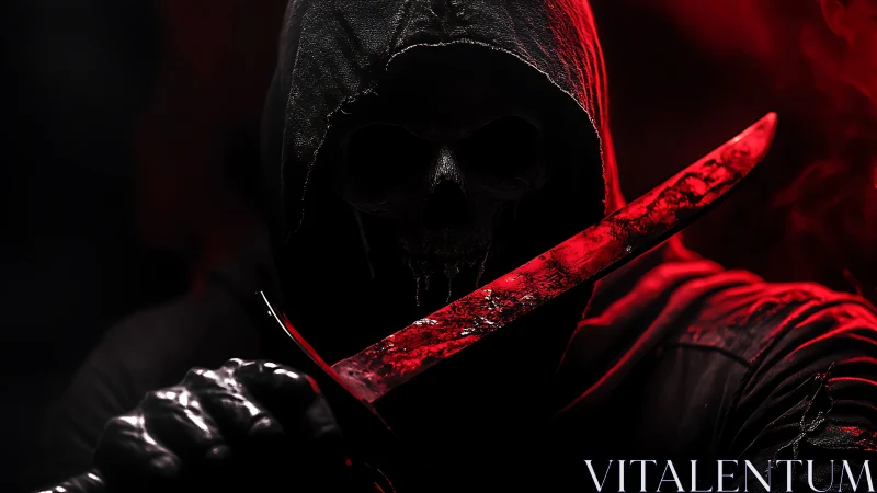 Hooded skeletal figure holds red-stained knife in dark scene