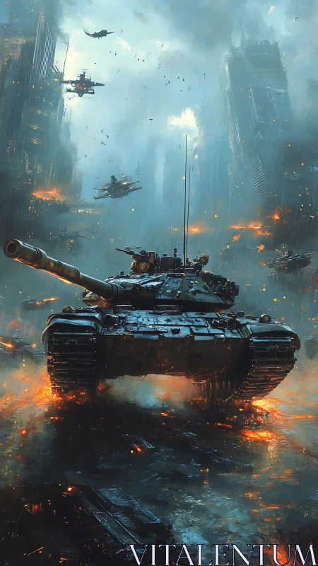 Main battle tank in ruined city under heavy air assault.