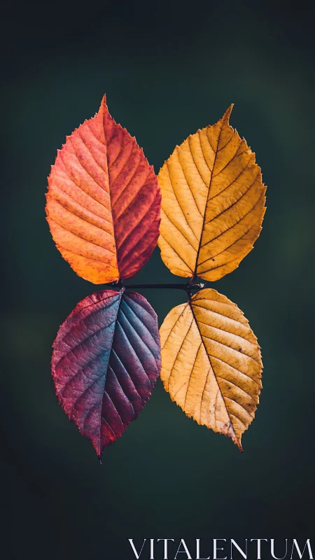 Quadrant arrangement of autumn leaves in macro symmetry.