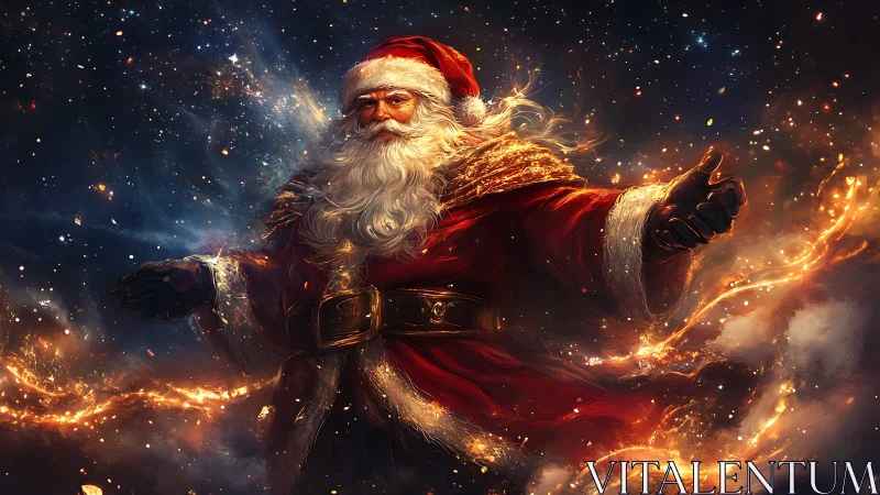 Santa in red coat amid glowing cosmic sparks at night.