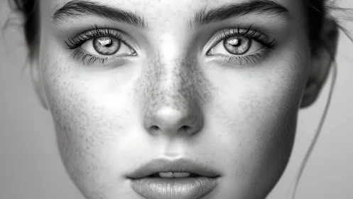 Close black and white portrait of freckled young woman.