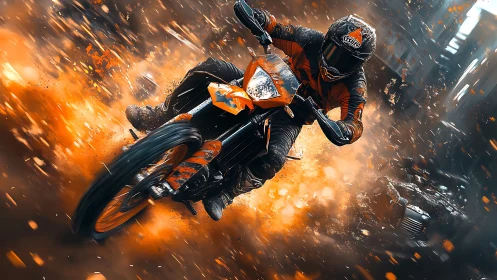 Explosive orange dirt bike rider charging through firestorm.