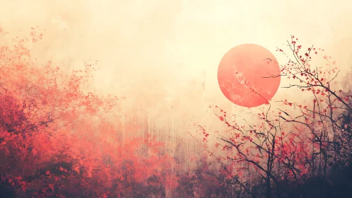 Crimson sun rises over misty abstract autumn forest painting.
