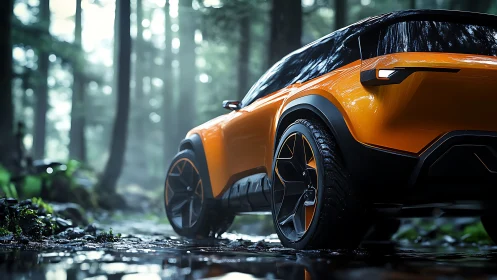Orange off-road crossover EV concept in misty forest trail