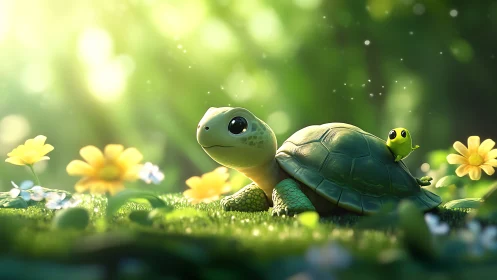 Small turtle with green friend in soft flower meadow.