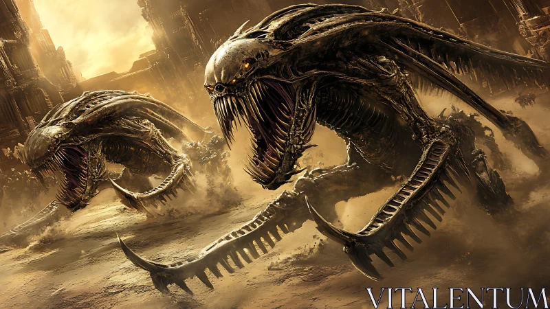 Bio-mechanical desert beasts charge through a ruined cityscape