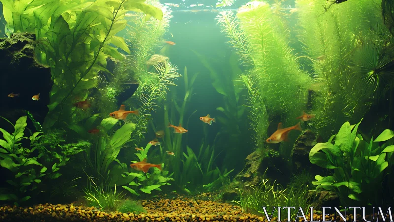 Planted freshwater aquarium with small orange fish school.