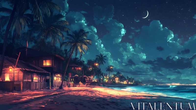 Phosphorescent Nocturnal Beach Settlement with Bioluminescent Atmospheric Rendering.
