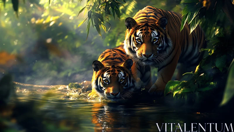 Bengal Tigers in Riparian Habitat: Mother and Cub Drinking from Stream.