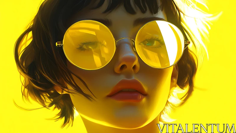 Hyperreal yellow portrait with oversized tinted round glasses