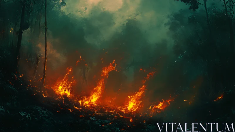 Wildfire engulfing dense forest with towering trees and thick smoke