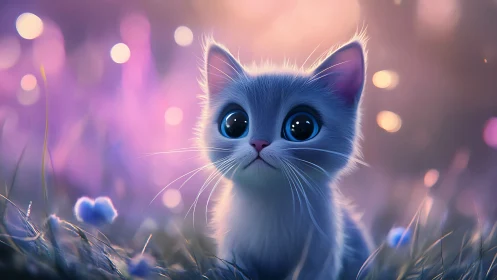 Luminescent Blue Cat in Ethereal Purple Garden Setting.