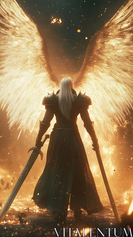 Winged warrior in molten light with twin swords ignited.